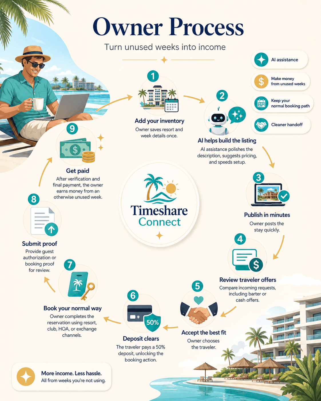Owner process infographic showing how owners add inventory, publish listings, and review traveler offers.