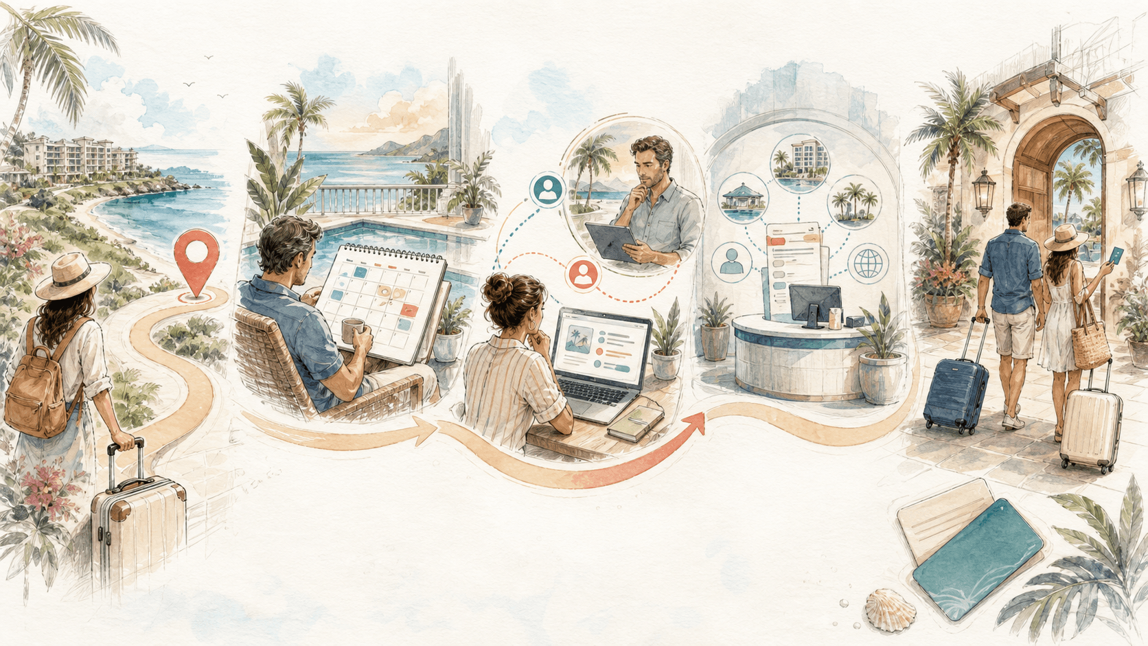 Illustrated resort workflow map showing discovery, owner availability, traveler request, transfer review, and check-in handoff.