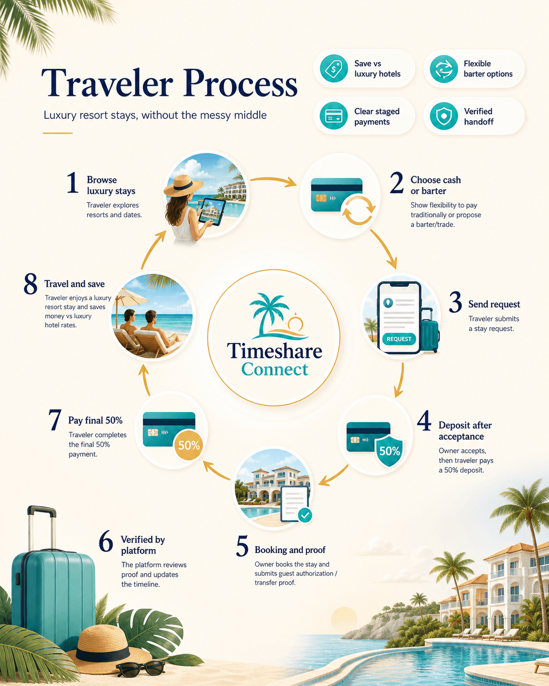 Traveler process infographic showing how travelers browse, request, and track a stay.